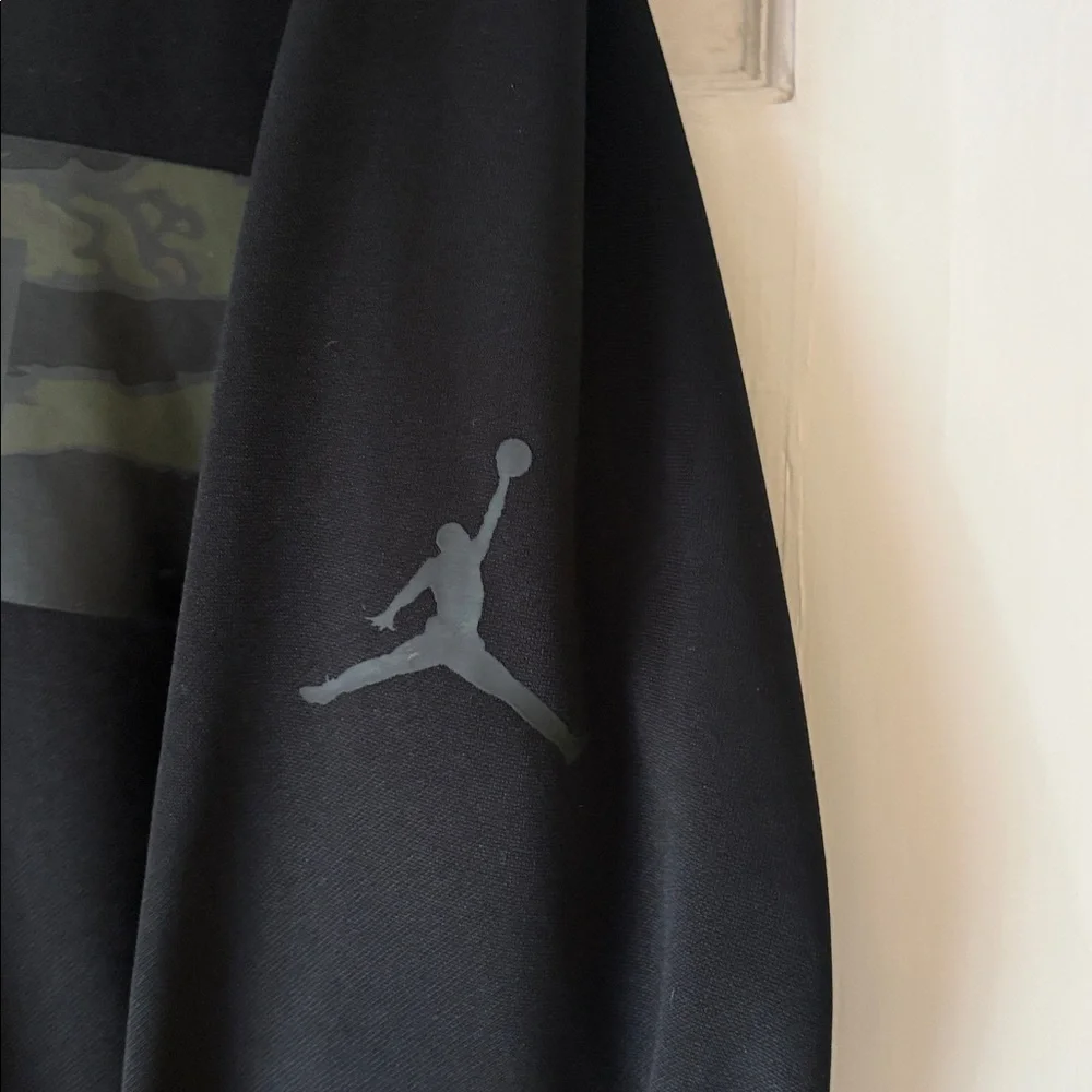 Nike Air Jordan Men's Black Hoodie with Olive Camo Chest Stripe- Men’s Medium